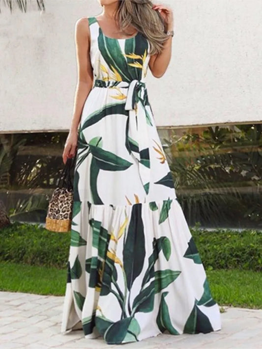 Summer Flower Print Sleeveless Long Dresses Vacation Style Dress O Neck High Waist Leace-up Maxi Vestidos