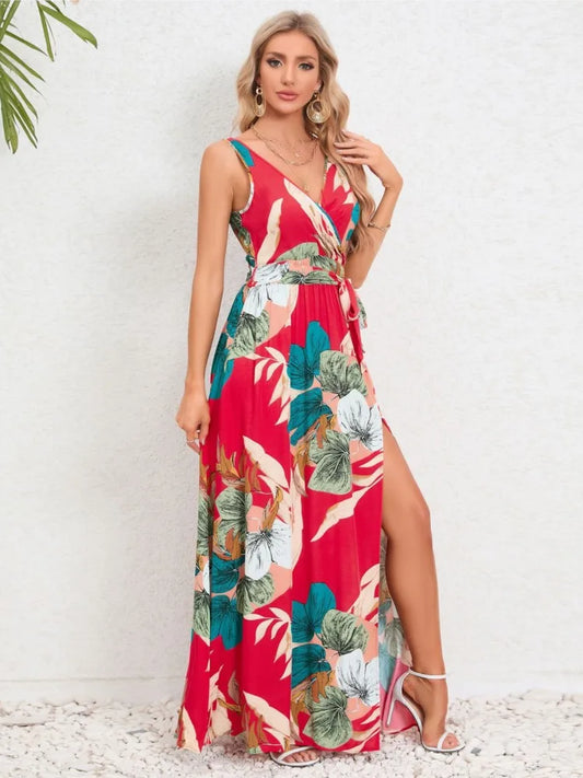 Summer Flower Print Sleeveless Long Dresses V-neck Slim Leace-up Slit Dress Female Commuting Vacation Vestido