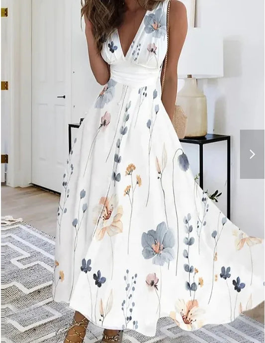 Summer Flower Printed Sleeveless Long Dresses V-neck Lady Party A-line Dress Maxi Evening Vestidos New