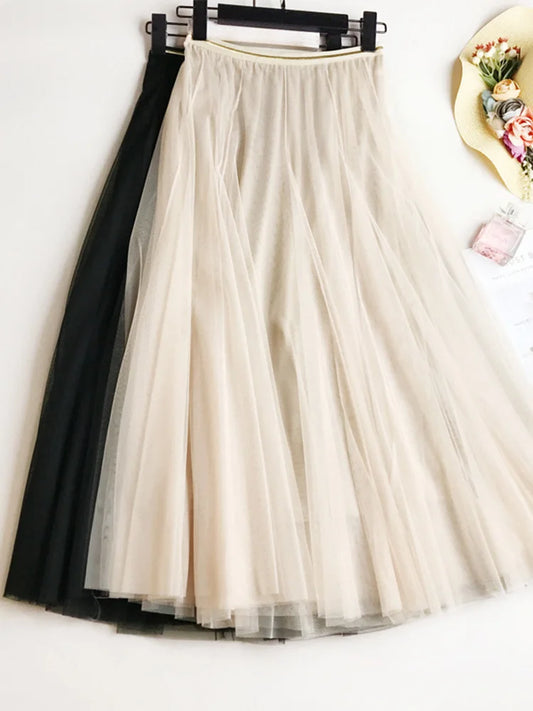 Summer Mesh Pleated Skirt High Waist a Line Tulle Skirts Long Maxi Tutu Skirt Holiday Beach Tulle Skirt