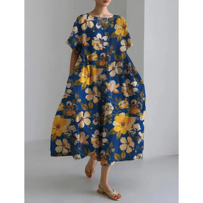 Summer New Color Flower Print Midi Dresses Folds Loose Short Sleeves Dress Lady Commuting Clothing Vestidos