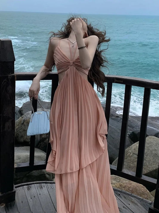 Summer New Pleated Holiday Beach Long Dresses for Vacation Spaghetti Strap a Line Robe Sundress
