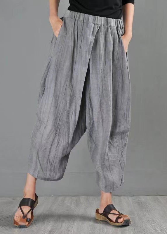Summer New Grey Elastic Waist Loose Linen Harlen Pants Ap069