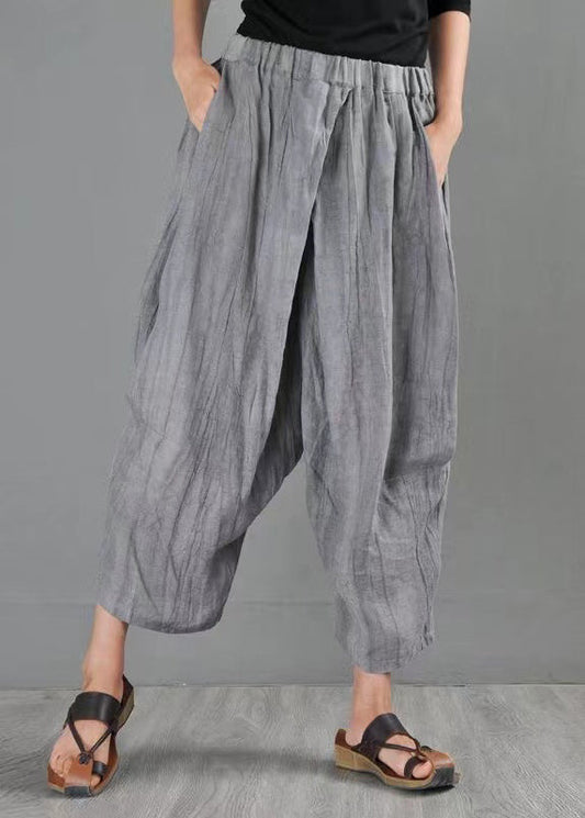 Summer New Grey Elastic Waist Loose Linen Harlen Pants Ap069