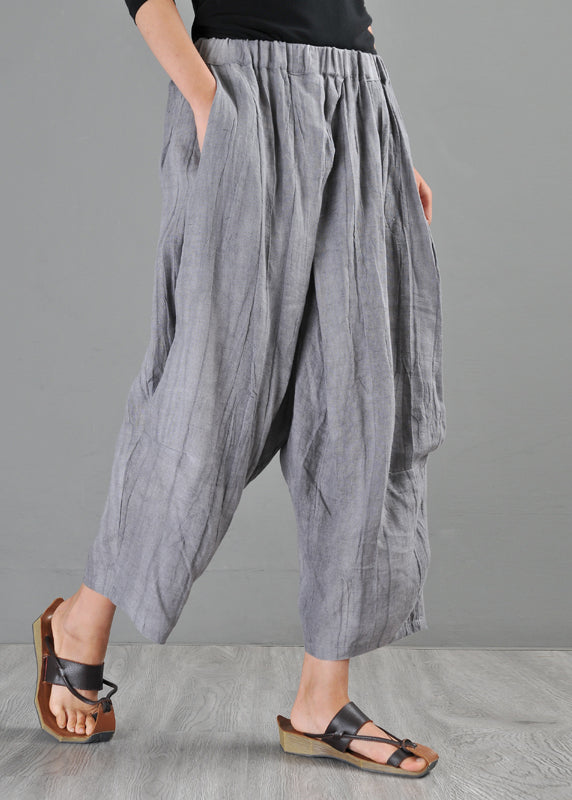 Summer New Grey Elastic Waist Loose Linen Harlen Pants Ap069