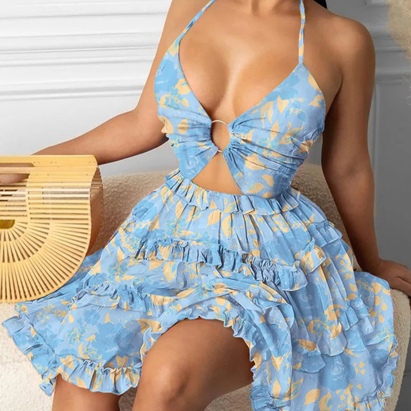 Summer New Printed Halter Neck Mini Dresses for Deep V-neck Hollow Out Backless Leace-up Dress Beach Vestido Feminino