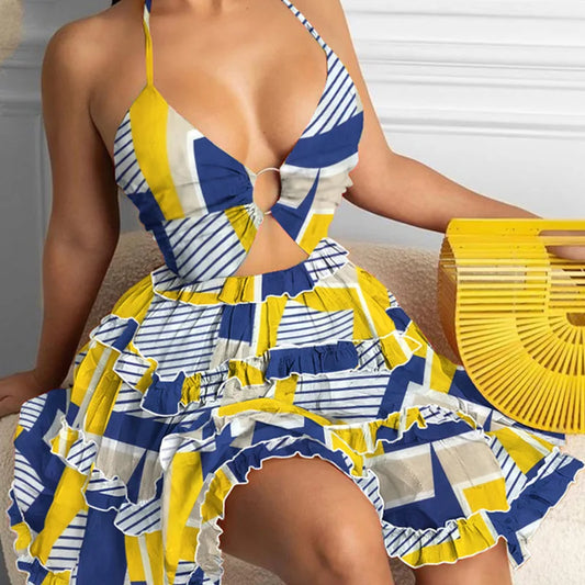 Summer New Printed Halter Neck Mini Dresses for Deep V-neck Hollow Out Backless Leace-up Dress Beach Vestido Feminino
