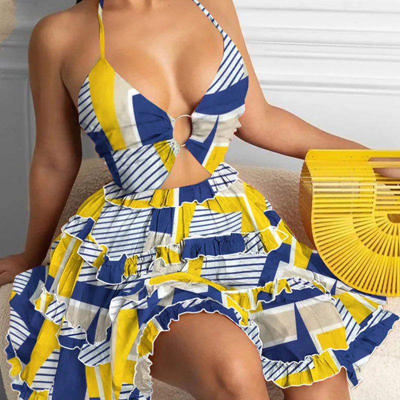 Summer New Printed Halter Neck Mini Dresses for Deep V-neck Hollow Out Backless Leace-up Dress Beach Vestido Feminino