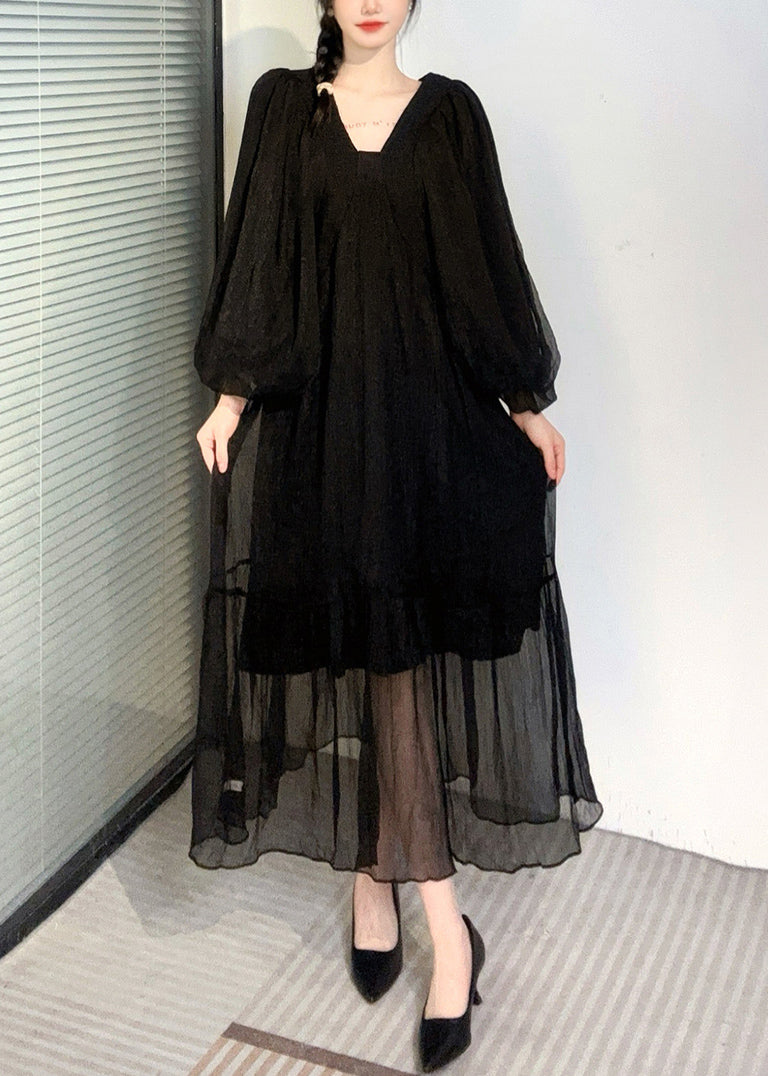 Summer New Watermelon Red V Neck Wrinkled Puff Sleeve Long Dress Ao1050
