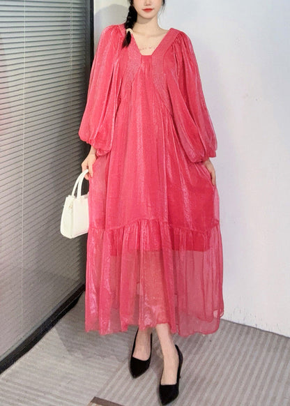 Summer New Watermelon Red V Neck Wrinkled Puff Sleeve Long Dress Ao1050