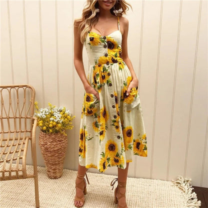 New Pocket Button Bohemia Retro Midi Dresses