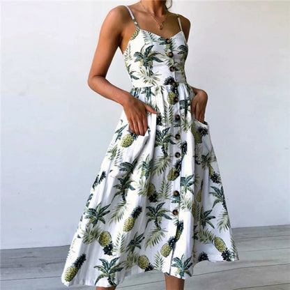 New Pocket Button Bohemia Retro Midi Dresses
