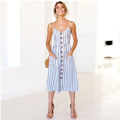 New Pocket Button Bohemia Retro Midi Dresses