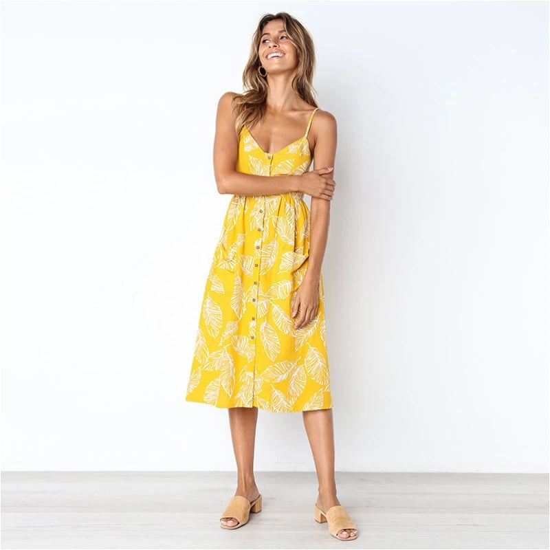 New Pocket Button Bohemia Retro Midi Dresses