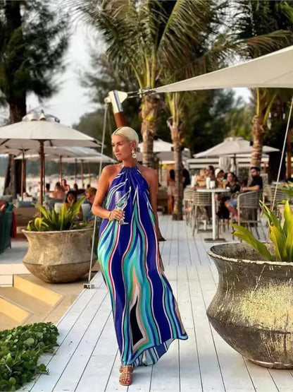 Summer Print Halter Neck Long Dresses Backless Vacation Style Loose Sleeveless Beach Dress Vestidos Female