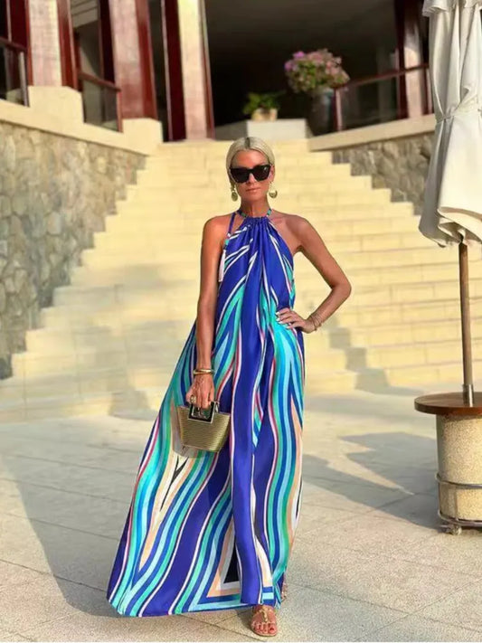 Summer Print Halter Neck Long Dresses Backless Vacation Style Loose Sleeveless Beach Dress Vestidos Female