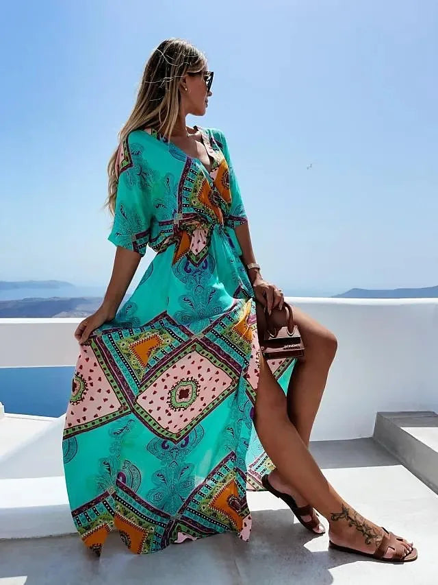 Summer Printed Long Dresses V-neck Beach Vacation Style High Waist Leace-up Slit Dress Female Vestidos