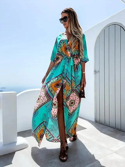 Summer Printed Long Dresses V-neck Beach Vacation Style High Waist Leace-up Slit Dress Female Vestidos
