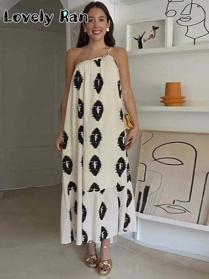 Summer Printing Suspender Maxi Dresses One Shoulder Backless Irregular Beach Dress Female Loose Long Dresses