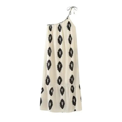 Summer Printing Suspender Maxi Dresses One Shoulder Backless Irregular Beach Dress Female Loose Long Dresses