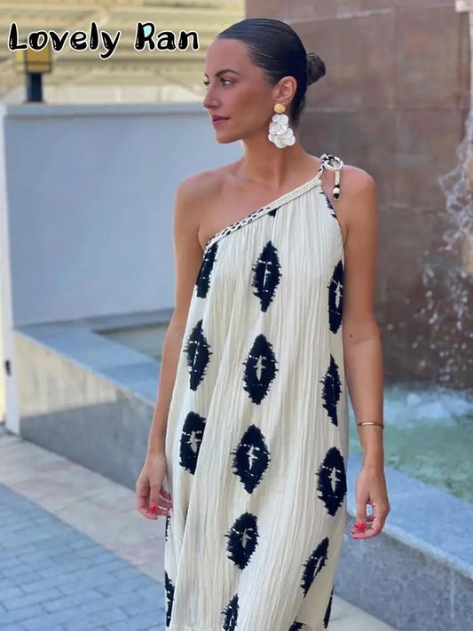 Summer Printing Suspender Maxi Dresses One Shoulder Backless Irregular Beach Dress Female Loose Long Dresses