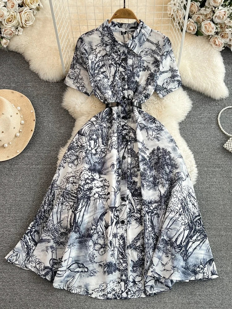 Summer Retro Shirt Dress Short Sleeved Lapel Single Breasted A-line Print Long Dresses Party Long Robe