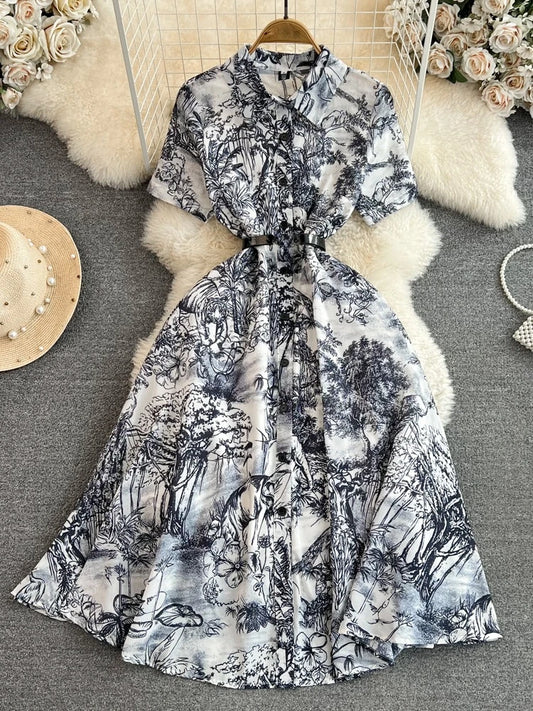 Summer Retro Shirt Dress Short Sleeved Lapel Single Breasted A-line Print Long Dresses Party Long Robe