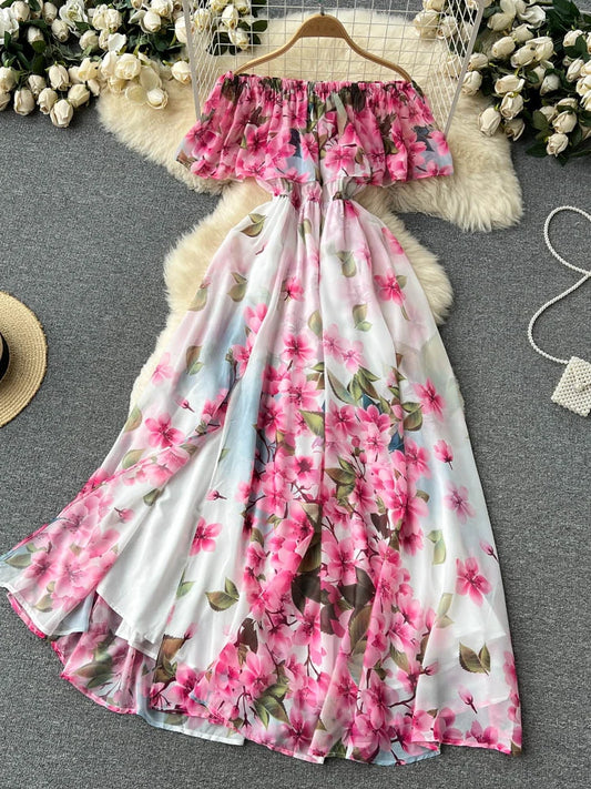 Summer Ruffle Off the Shoulder Chiffon Dress Slim A-line Printed Dresses Viantage Beach Split Maxi Dress