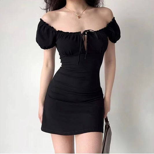 Summer Mini Dress Short Sleeved Lace Up Hollow Backless Folds Bodycon Black Dress Party A-line Dresses