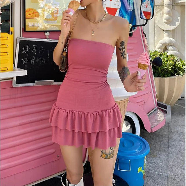 Summer Mini Dress Sleeveless Backless Folds Bodycon Black Dress Party A-line Strapless Dresses Y2k Clothin