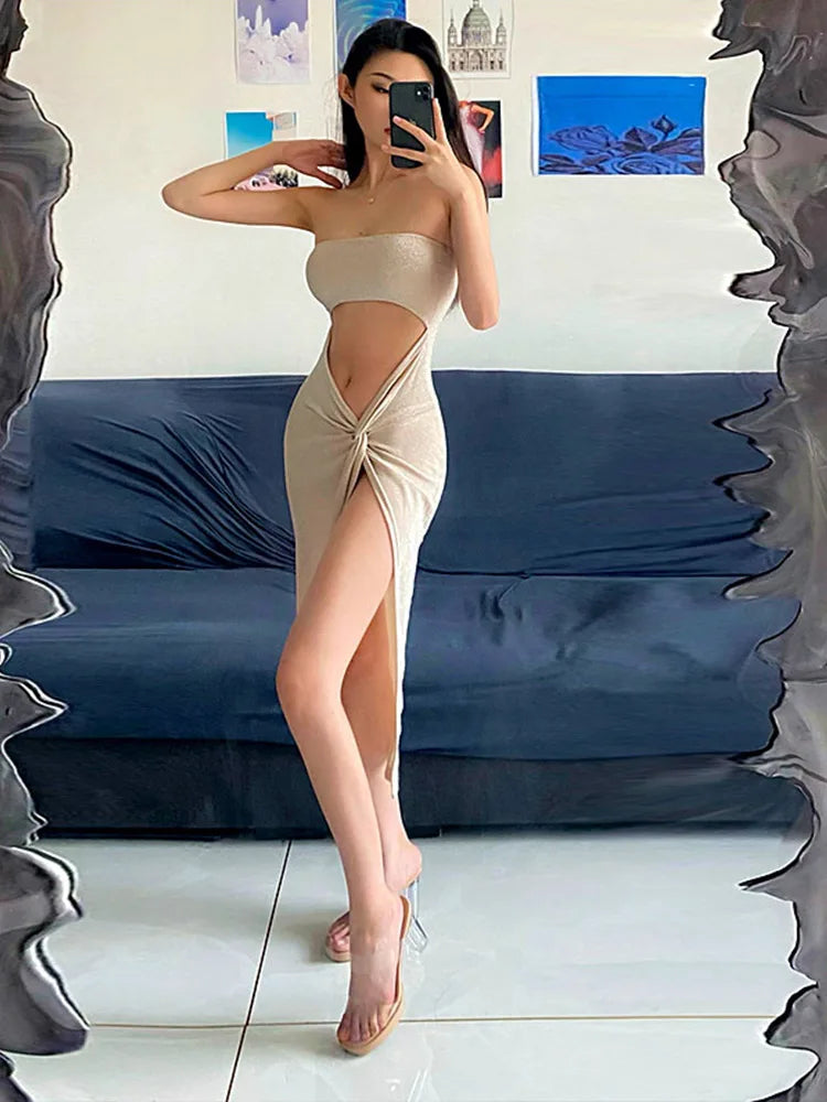 Summer Sleeveless Slit Hollow Skinny Long Midi Dresses