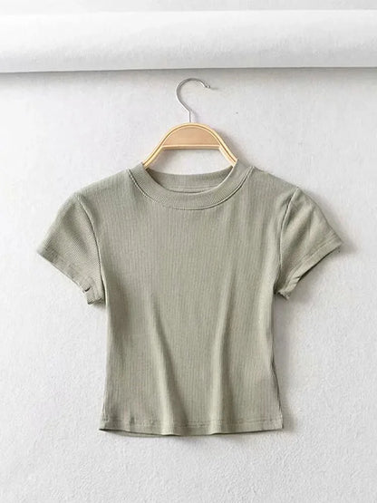 Summer O-neck Short-sleeve T-shirt Slim Elastic Skinny Crop Tops