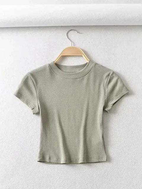 Summer O-neck Short-sleeve T-shirt Slim Elastic Skinny Crop Tops