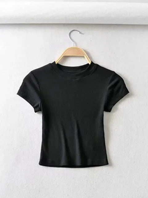 Summer O-neck Short-sleeve T-shirt Slim Elastic Skinny Crop Tops