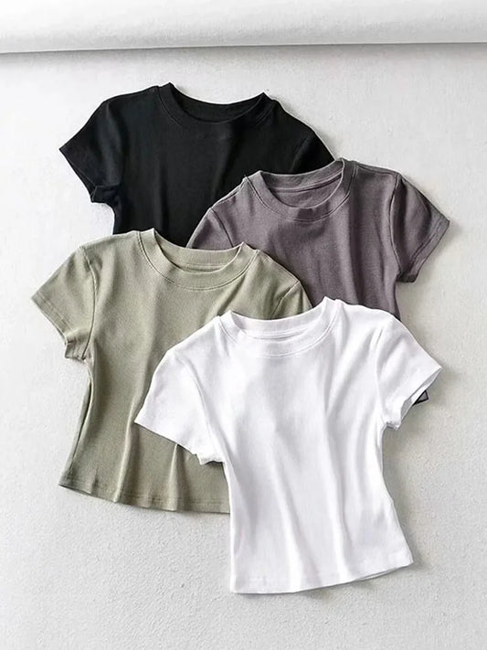 Summer O-neck Short-sleeve T-shirt Slim Elastic Skinny Crop Tops