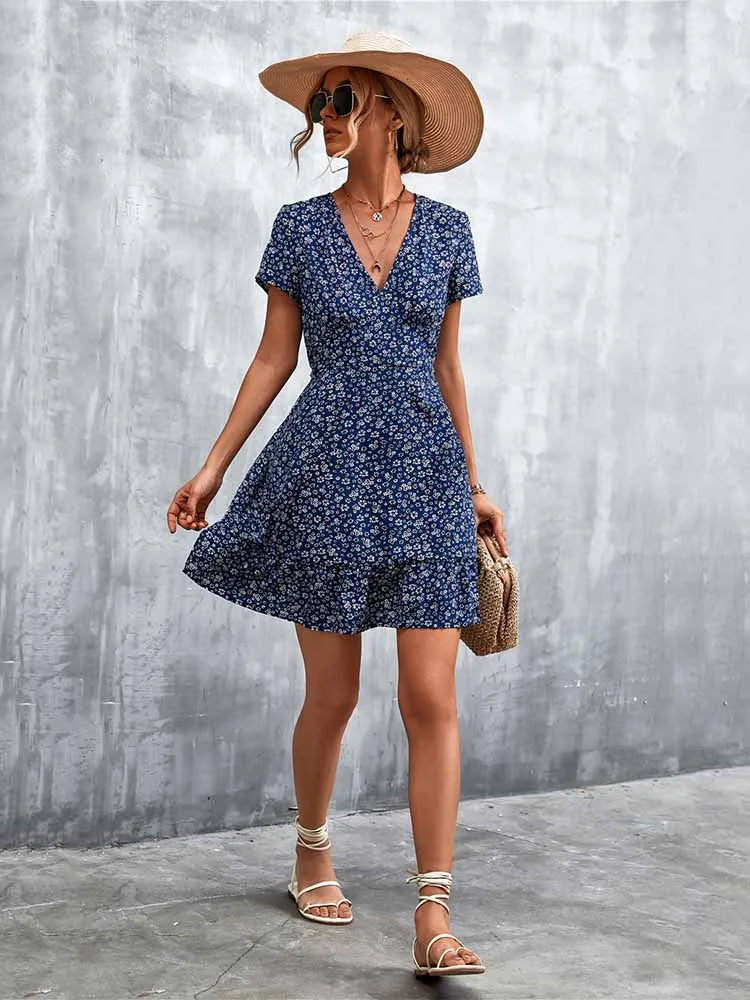 Summer Short V Neck Flower Mini Midi Dresses