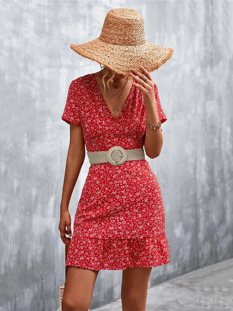 Summer Short V Neck Flower Mini Midi Dresses