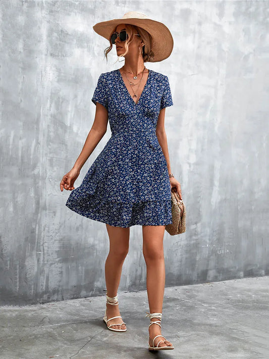 Summer Short Dress V Neck Print Party Dress Flower Mini Dress for