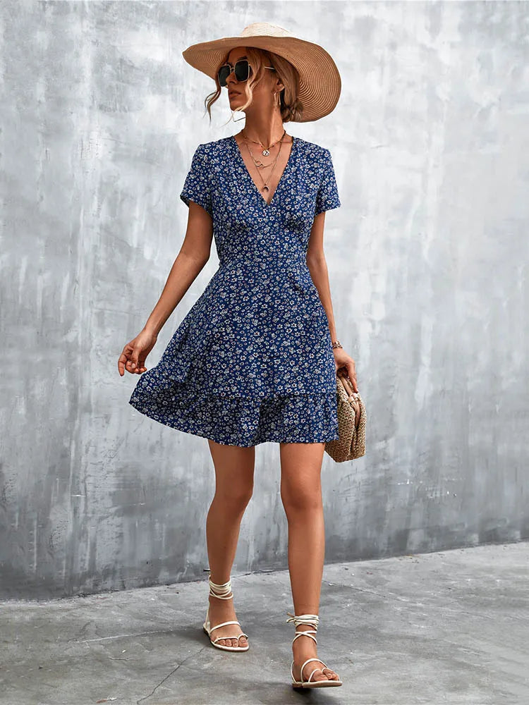 Summer Short Dress V Neck Print Party Dress Flower Mini Dress for