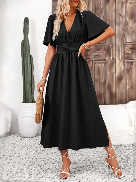Summer Color Long Dresses Ruffled Short Sleeves V-neck Folds Elastic Waist Slit Dress Lady Vestidos
