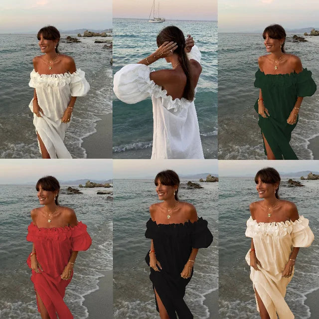 Summer Color Slit Long Dresses Off Shoulder Backless Loose Beach Vacation Dress Vestidos