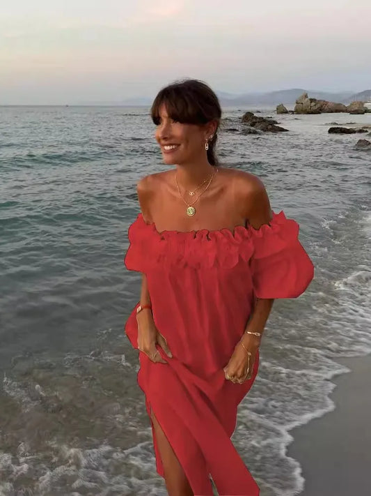 Summer Color Slit Long Dresses Off Shoulder Backless Loose Beach Vacation Dress Vestidos