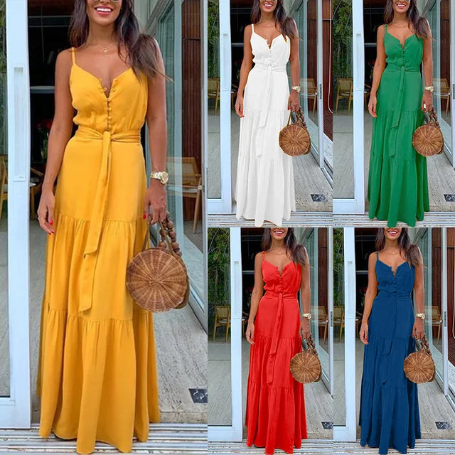Summer Spaghetti Strap Long Dress Style Vacation Maxi Beach Dresses for Lady Robe Vestidos