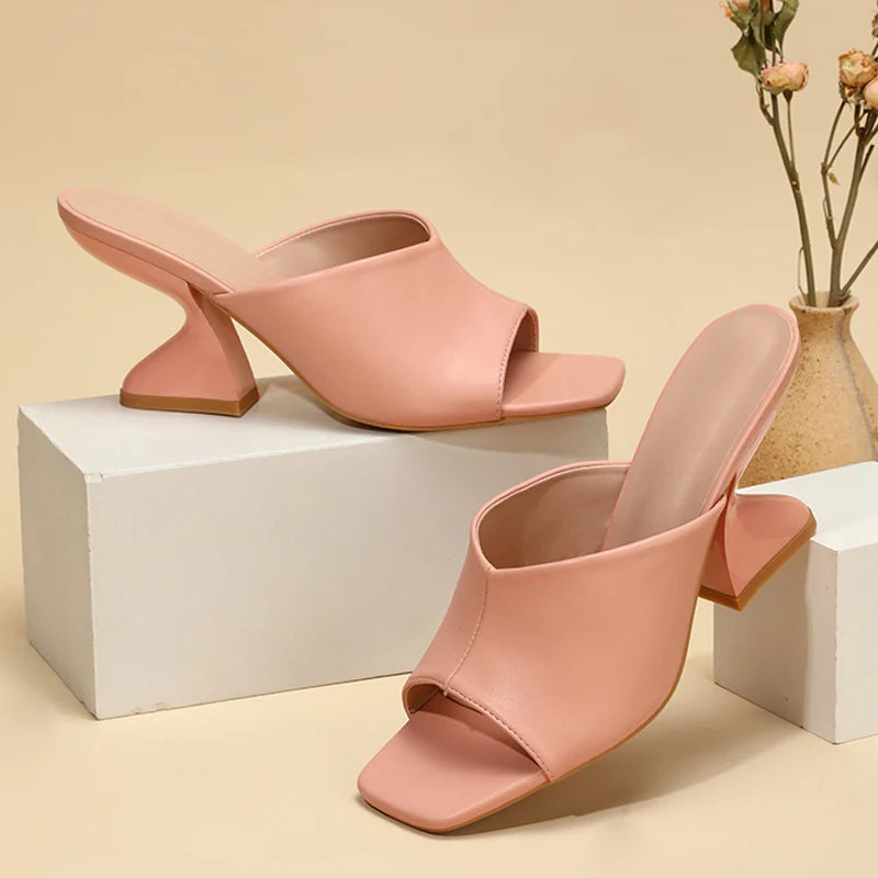 Summer Pink Leather Peep Toe High Heels Slippers for – 8cm Mule Shoes
