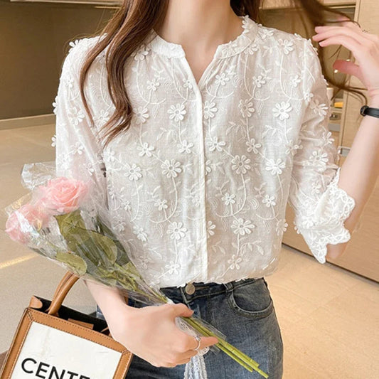 Embroidery Short Sleeve White Blouse