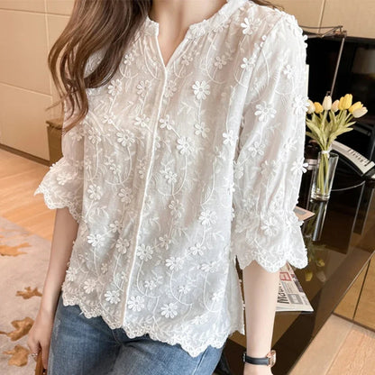 Embroidery Short Sleeve White Blouse