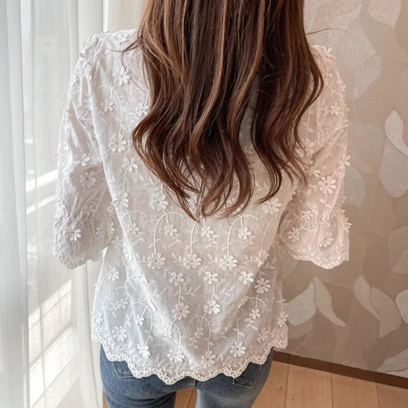 Embroidery Short Sleeve White Blouse