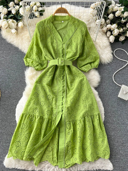 Summer V-neck Hollow Out Dress Bubble Sleeves Loose Embroidered Ruffle Edge Long Dresses Long Robe