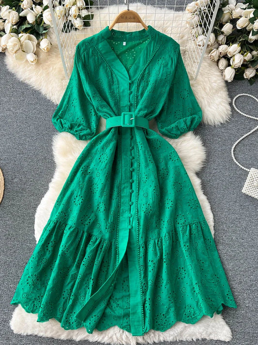 Summer V-neck Hollow Out Dress Bubble Sleeves Loose Embroidered Ruffle Edge Long Dresses Long Robe
