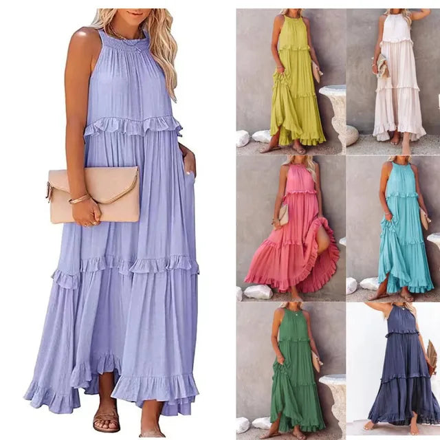 Summer Vacation Style Halter Neck Long Dresses Backless Leace-up Loose Ruffles Beach Dress Vestidos
